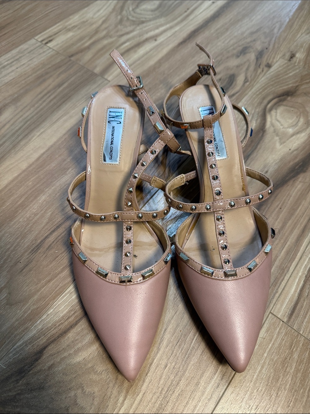 INC International Concepts Blush Pink Studded Pointed-Toe Strappy Flats